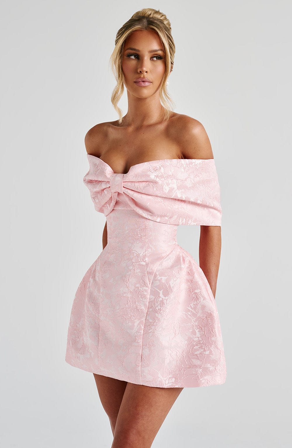 Off-Shoulder Bow Mini Dress with Structured Tulip Skirt in Light Pink | Elegant Cocktail & Wedding Guest Dress | Koossa