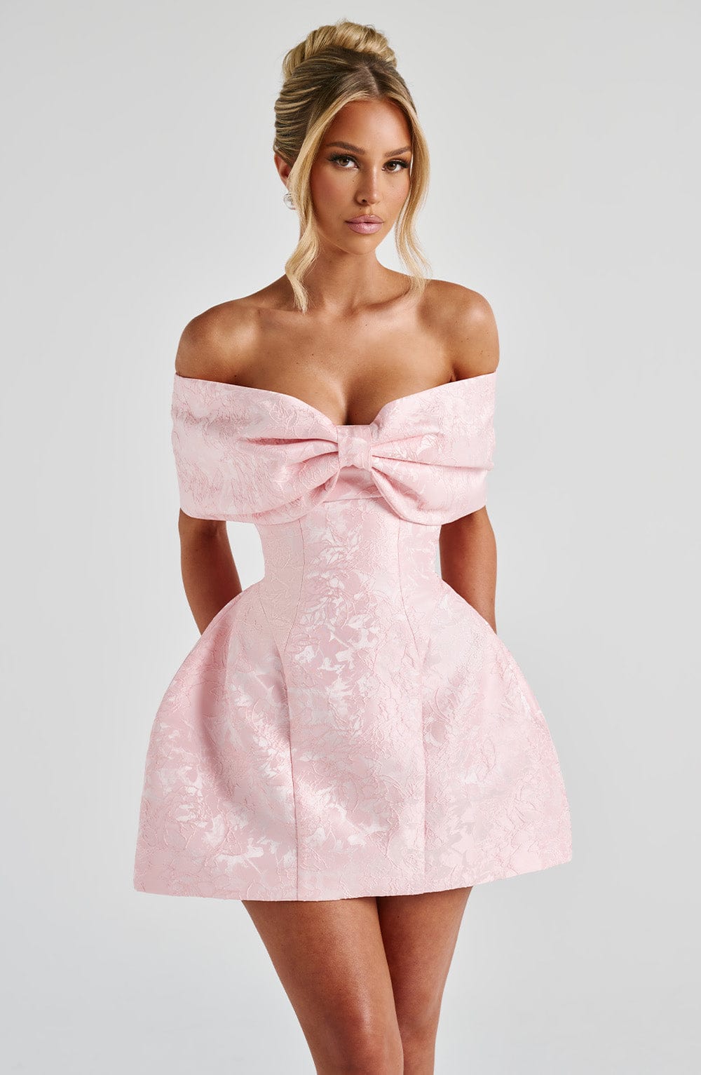 Off-Shoulder Bow Mini Dress with Structured Tulip Skirt in Light Pink | Elegant Cocktail & Wedding Guest Dress | Koossa