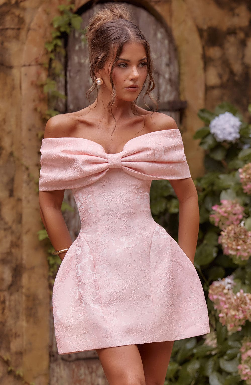 Off-Shoulder Bow Mini Dress with Structured Tulip Skirt in Light Pink | Elegant Cocktail & Wedding Guest Dress | Koossa