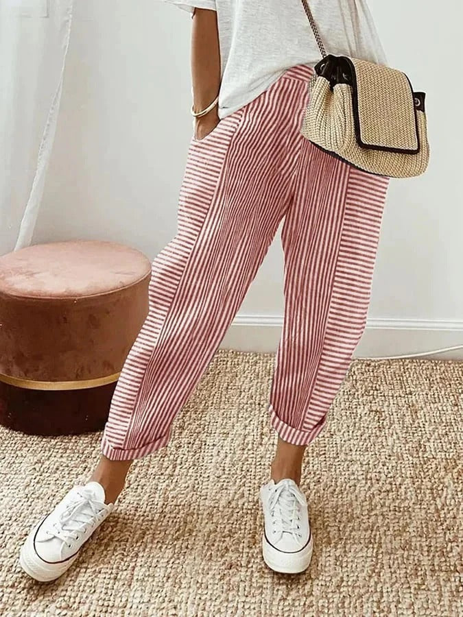 Lightweight Striped Wide-Leg Trousers with Elasticated Waist in Six Colours – Perfect for Warm-Weather Leisure and Travel | Koossa