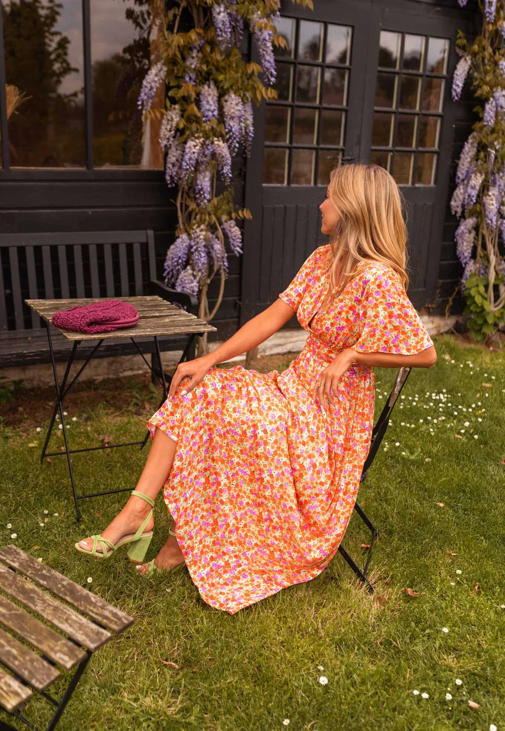 Women's Floral Print Short Sleeve Midi Dress with V-Neckline — Elegant Summer Dress for Garden Parties & Holidays | Koossa