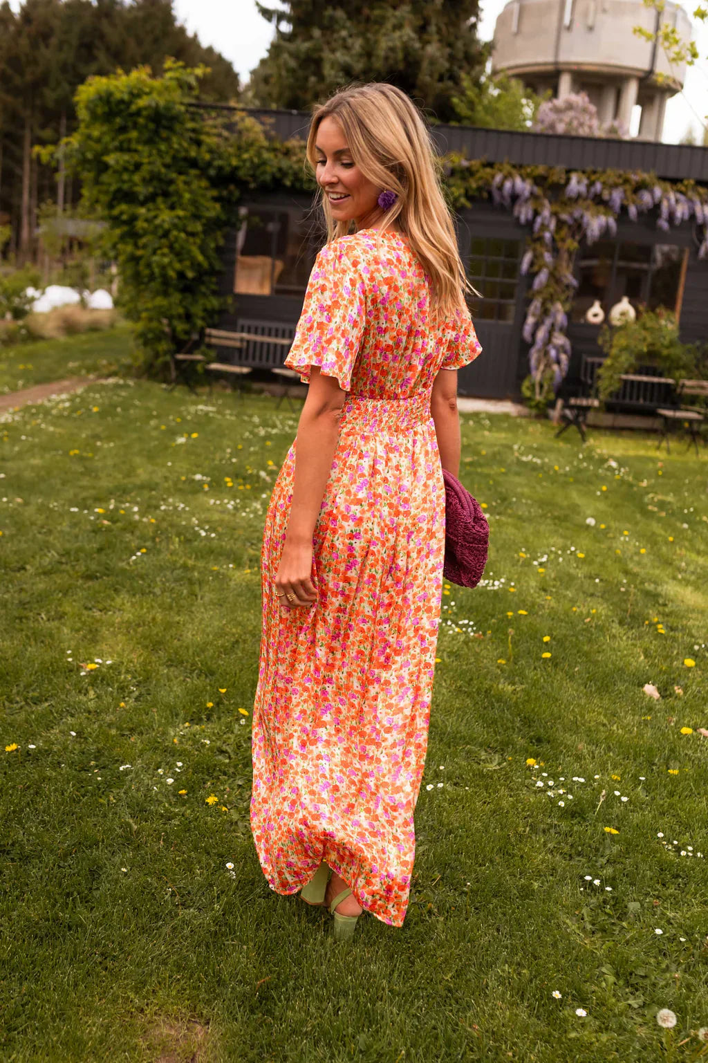 Women's Floral Print Short Sleeve Midi Dress with V-Neckline — Elegant Summer Dress for Garden Parties & Holidays | Koossa