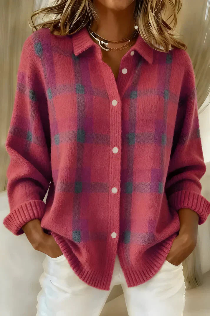 Women's Longline Button-Front Checkered Cardigan in Soft Knit | Relaxed Fit Layering Piece for Cool Days and Casual Elegance | Koossa