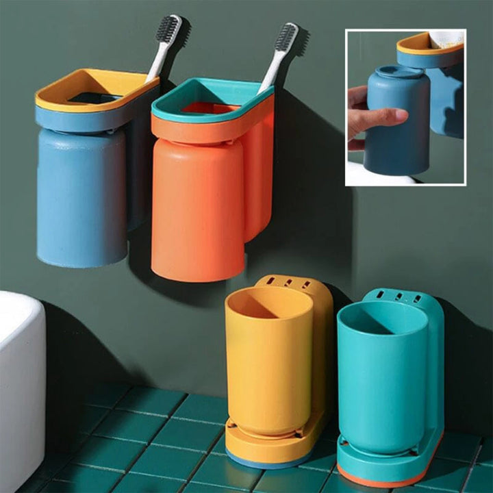 Wall-Mounted Toothbrush Holder with Cup, Adhesive Drill-Free Bathroom Organizer, Toothpaste Caddy for Sink, Mirror & Tile | Lonoma