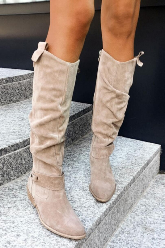 Women's Knee-High Boots with Ruched Shaft and Low Block Heel in Soft Suede-Effect Fabric | Classic Tall Boots with Side Zip and Comfortable Walking Heel for Autumn and Winter | Koossa