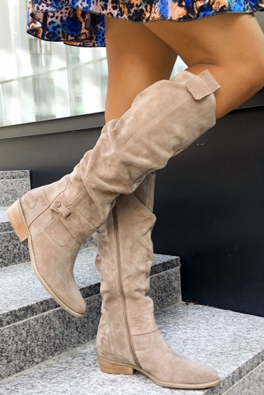 Women's Knee-High Boots with Ruched Shaft and Low Block Heel in Soft Suede-Effect Fabric | Classic Tall Boots with Side Zip and Comfortable Walking Heel for Autumn and Winter | Koossa