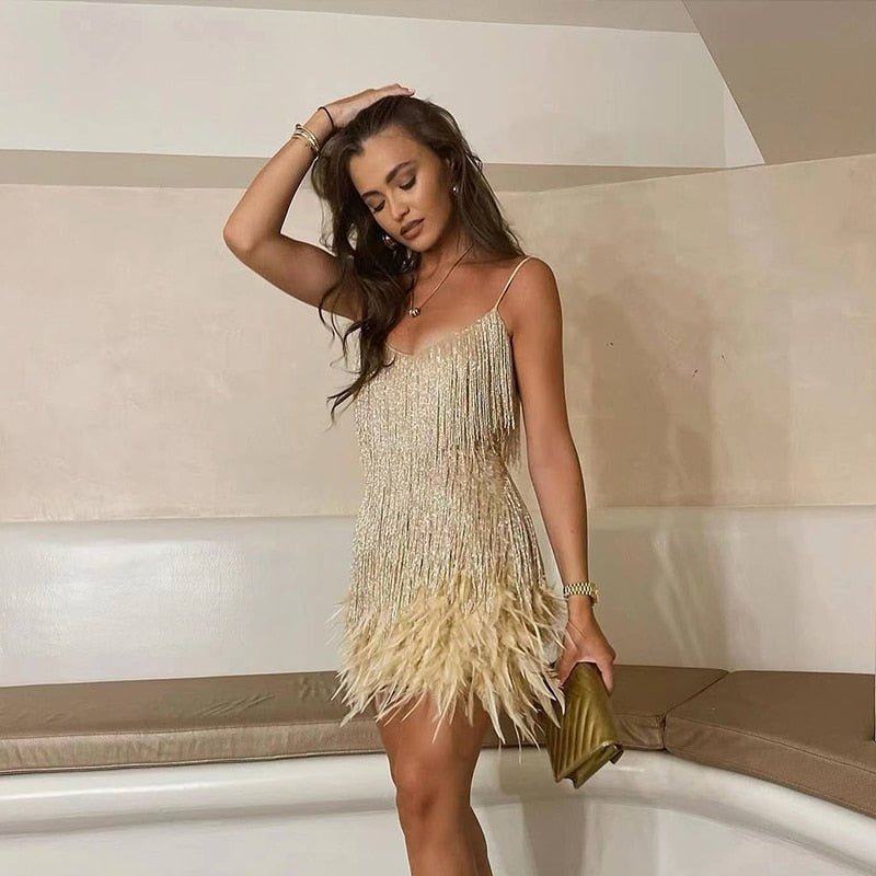 Sequinned Mini Dress with Feather Hem and Fringe Detail | Koossa