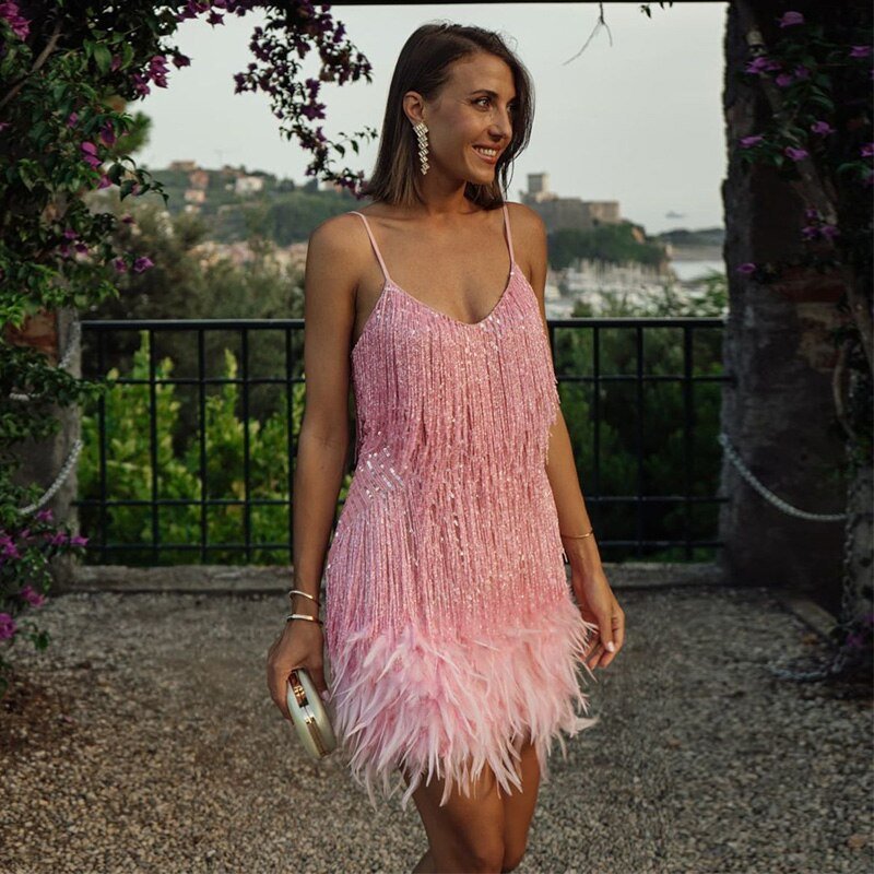 Sequinned Mini Dress with Feather Hem and Fringe Detail | Koossa