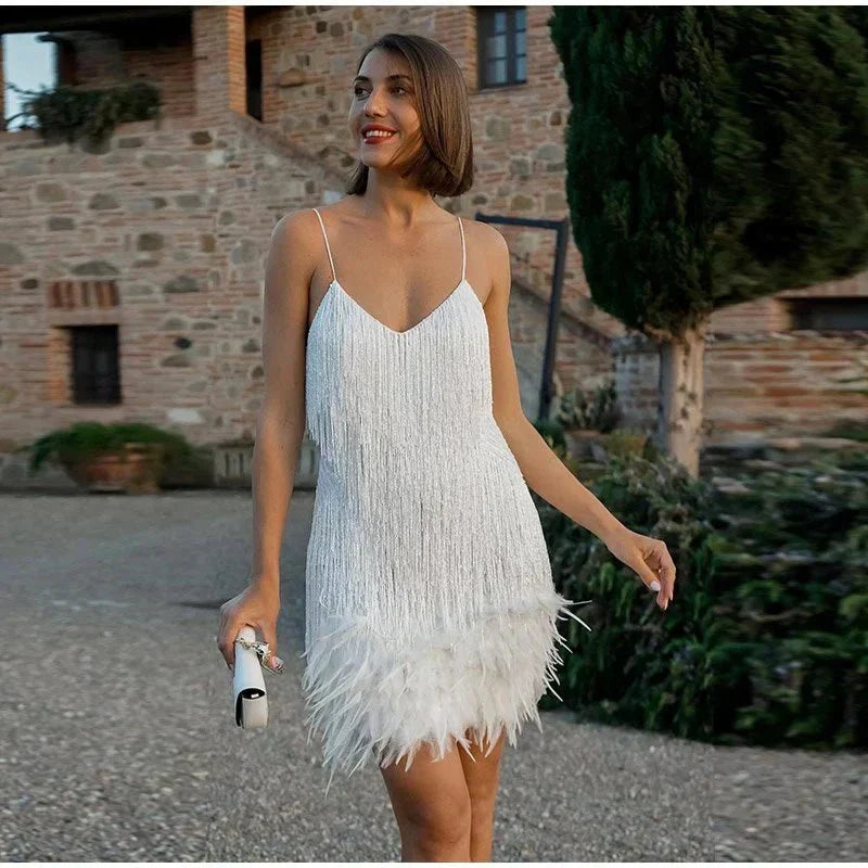 Sequinned Mini Dress with Feather Hem and Fringe Detail | Koossa