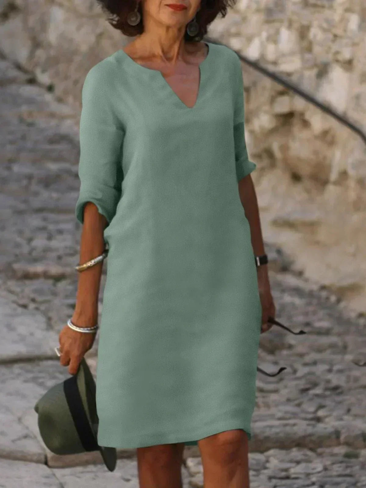 Women's Layered Chiffon Midi Dress with V-Neckline in Black, Olive and Red – Elegant Mid-Sleeve A-Line Dress for Casual and Formal Occasions | Koossa