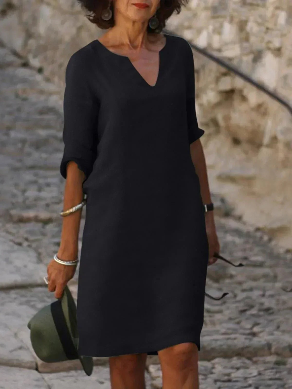Women's Layered Chiffon Midi Dress with V-Neckline in Black, Olive and Red – Elegant Mid-Sleeve A-Line Dress for Casual and Formal Occasions | Koossa
