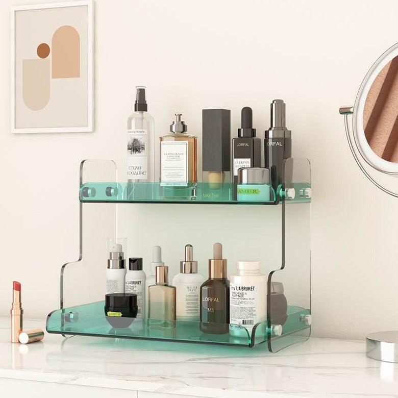 Acrylic Two-Tier Vanity Organizer, 12.6 in Wide Bathroom Countertop Makeup & Skincare Storage Stand, Tinted Cosmetic Shelf Rack | Lonoma