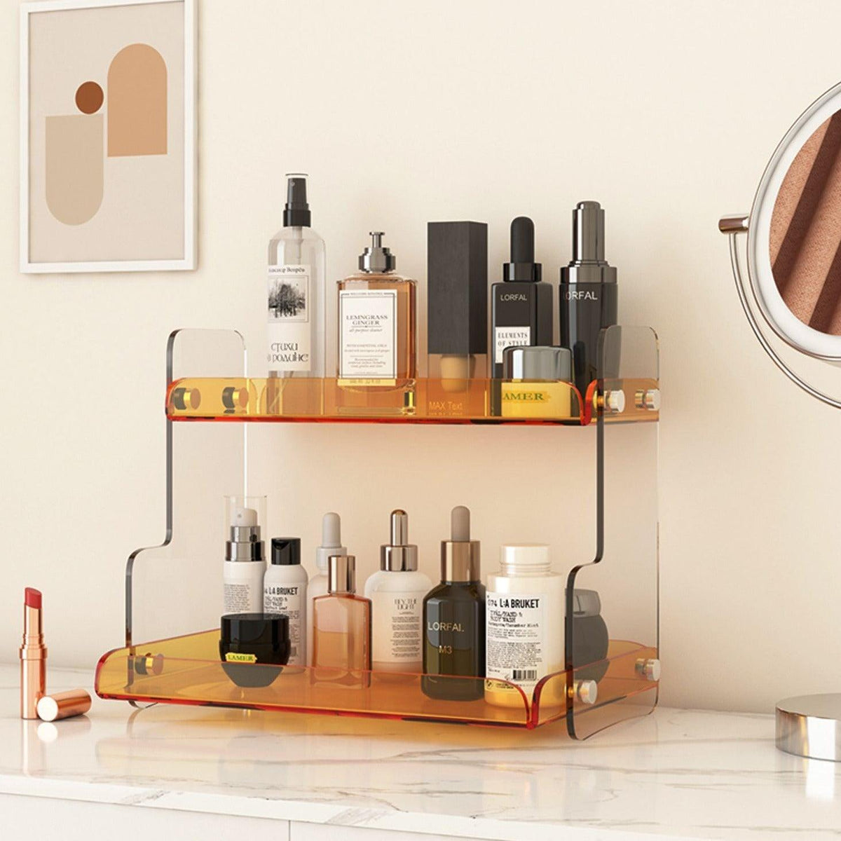 Acrylic Two-Tier Vanity Organizer, 12.6 in Wide Bathroom Countertop Makeup & Skincare Storage Stand, Tinted Cosmetic Shelf Rack | Lonoma