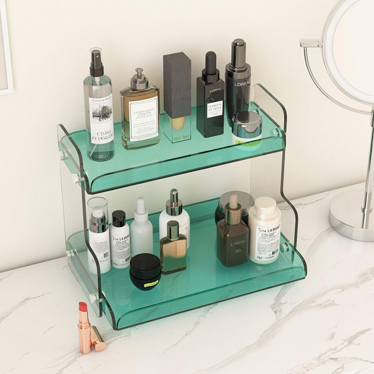 Acrylic Two-Tier Vanity Organizer, 12.6 in Wide Bathroom Countertop Makeup & Skincare Storage Stand, Tinted Cosmetic Shelf Rack | Lonoma