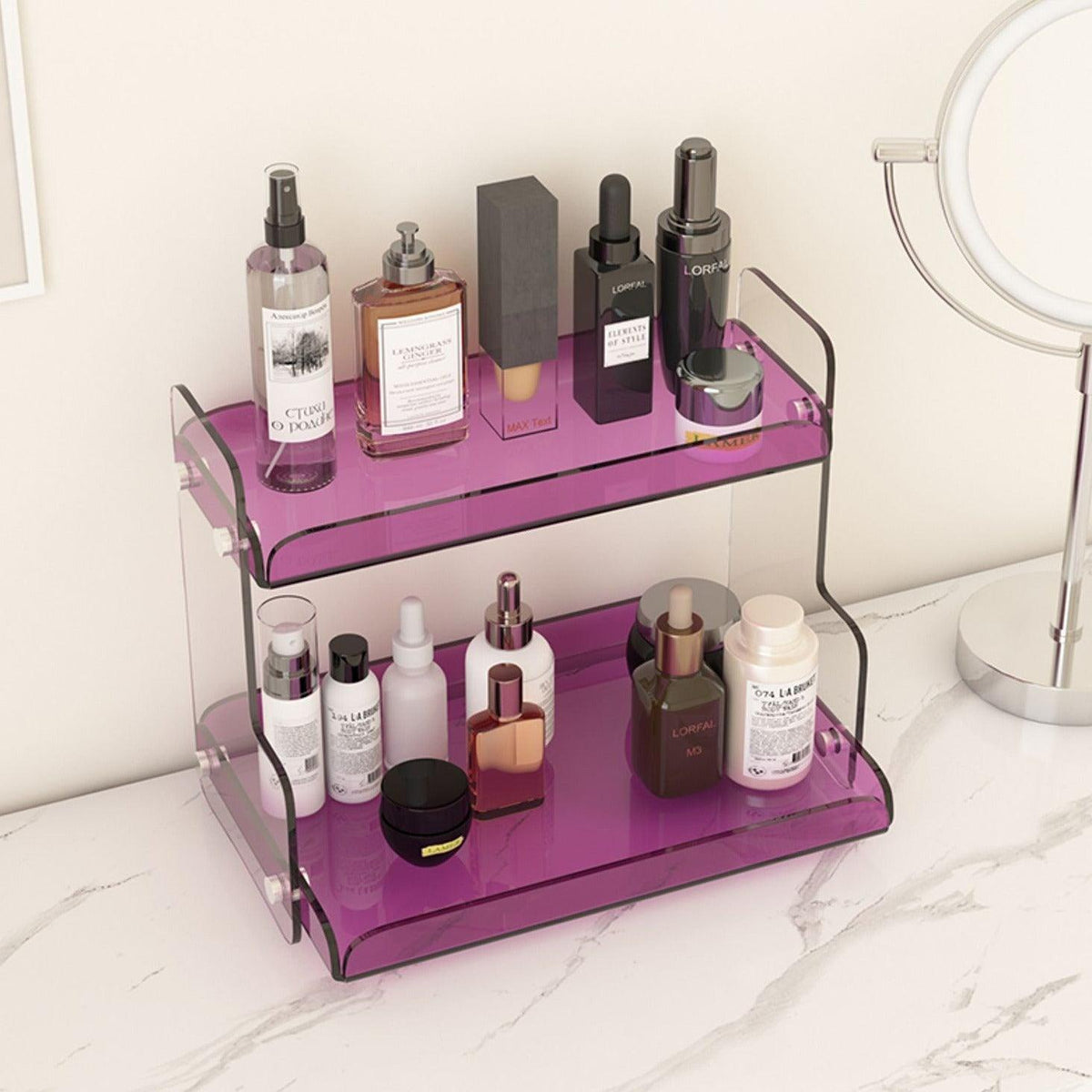 Acrylic Two-Tier Vanity Organizer, 12.6 in Wide Bathroom Countertop Makeup & Skincare Storage Stand, Tinted Cosmetic Shelf Rack | Lonoma