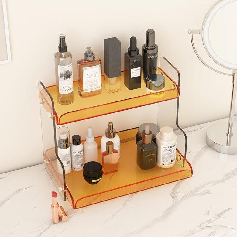 Acrylic Two-Tier Vanity Organizer, 12.6 in Wide Bathroom Countertop Makeup & Skincare Storage Stand, Tinted Cosmetic Shelf Rack | Lonoma