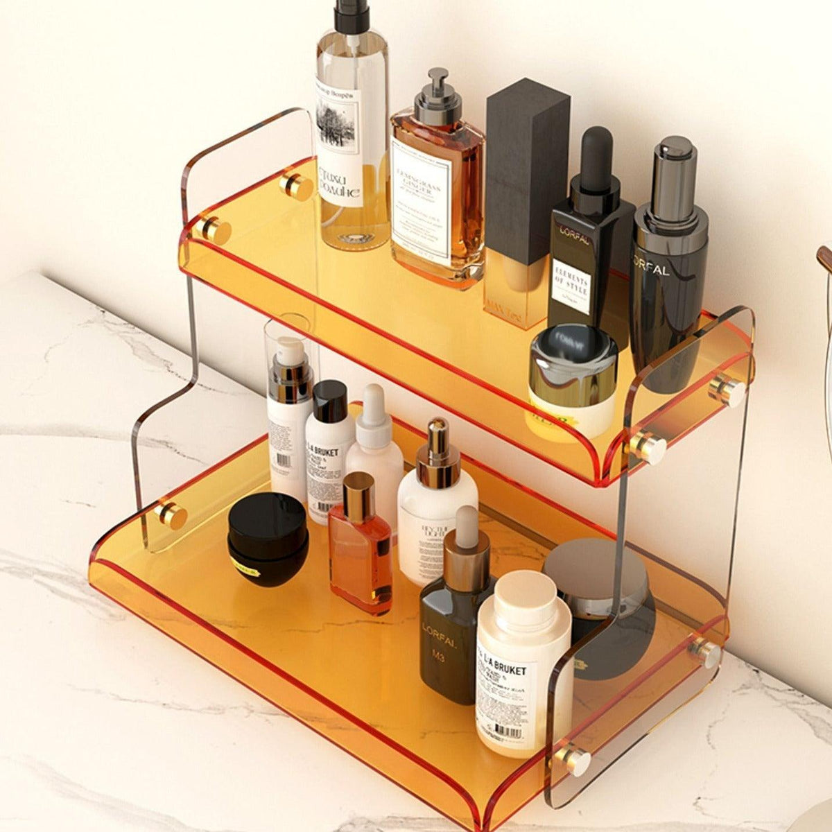Acrylic Two-Tier Vanity Organizer, 12.6 in Wide Bathroom Countertop Makeup & Skincare Storage Stand, Tinted Cosmetic Shelf Rack | Lonoma