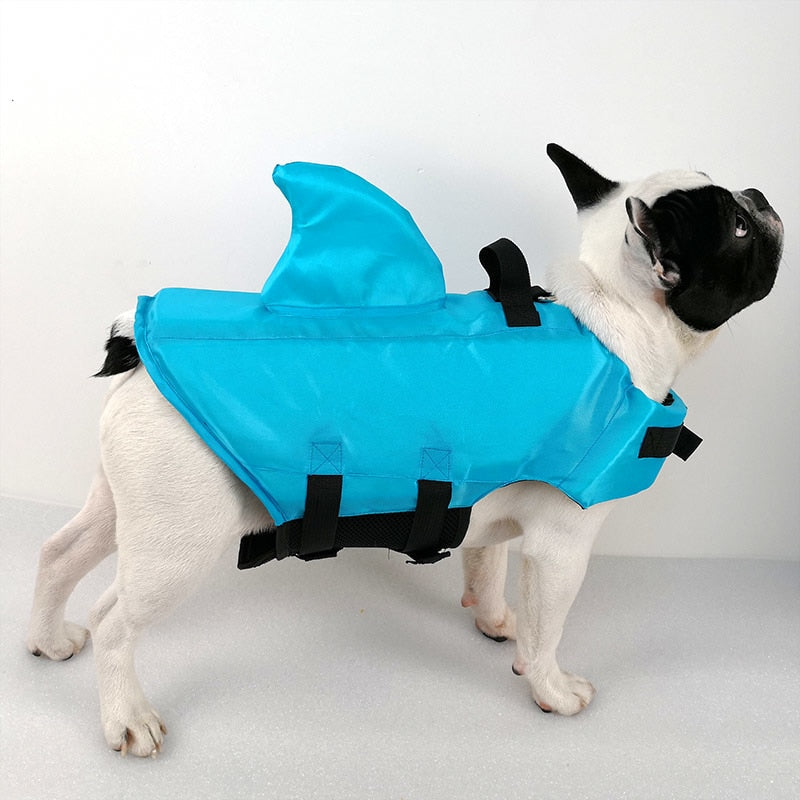 Dog Life Jacket Shark Fin Buoyant Diving Fabric French Bulldog Swim Vest Quick-Release Buckle Grab Handle D-Ring Water Safety | Koossa