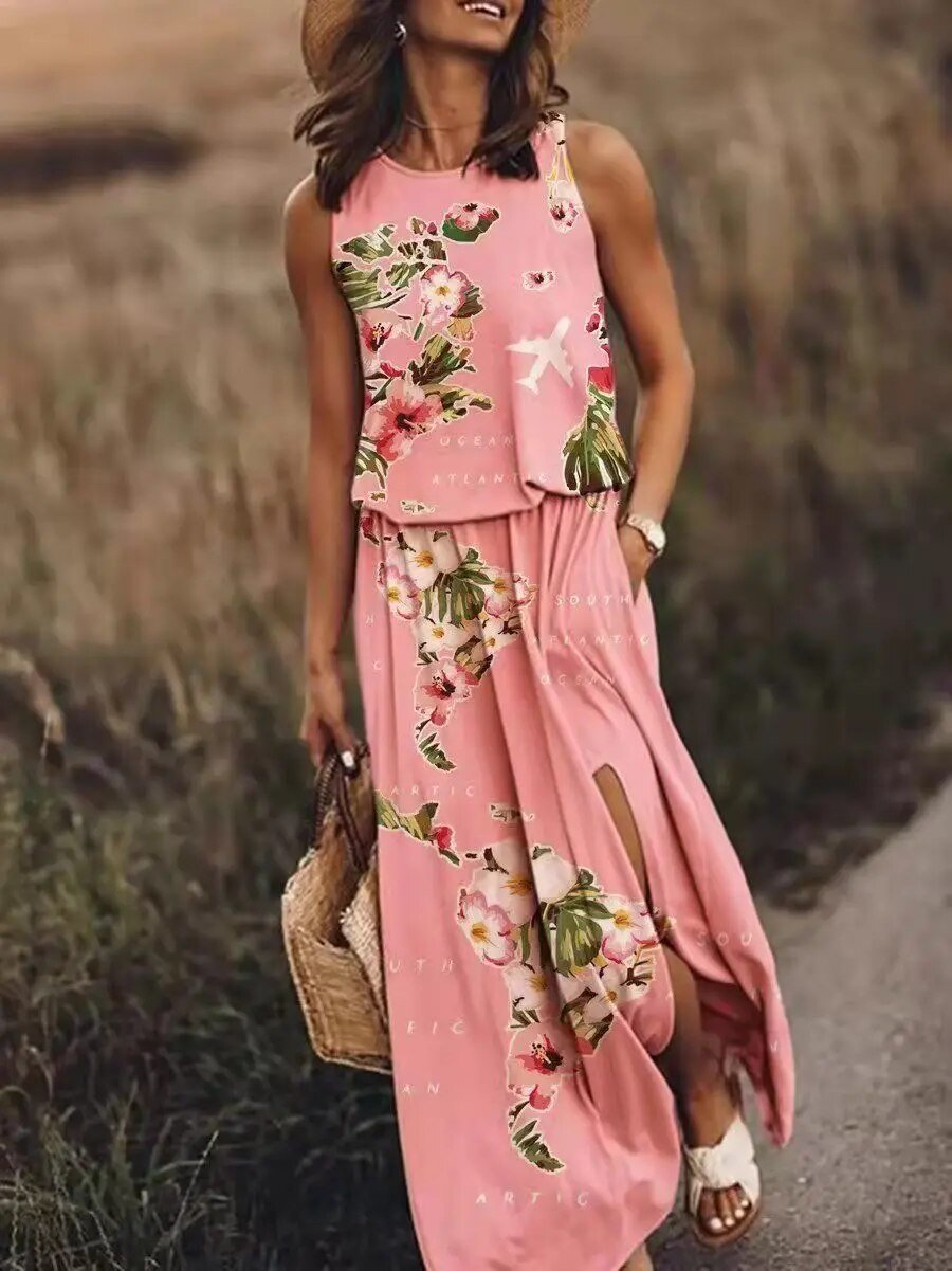 Women's Sleeveless Maxi Dress with Gathered Waist in Flowing Lightweight Fabric for Summer Garden Parties and Weekend Escapes | Koossa
