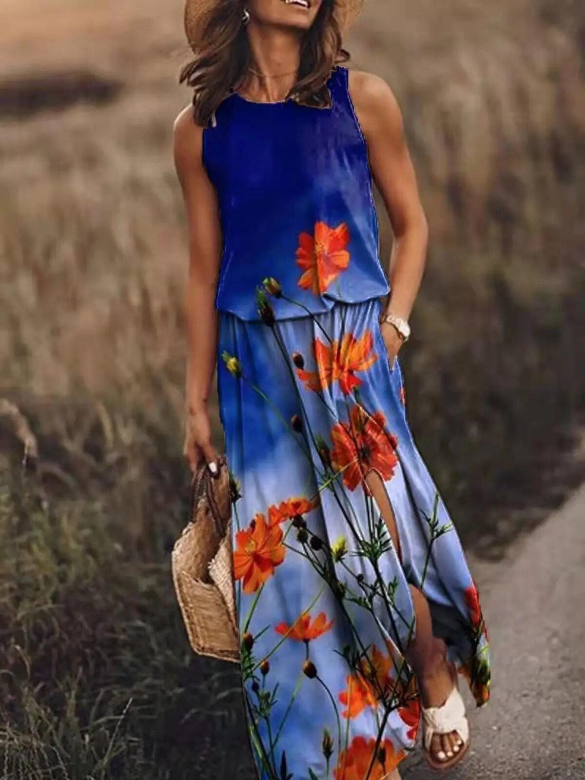 Women's Sleeveless Maxi Dress with Gathered Waist in Flowing Lightweight Fabric for Summer Garden Parties and Weekend Escapes | Koossa