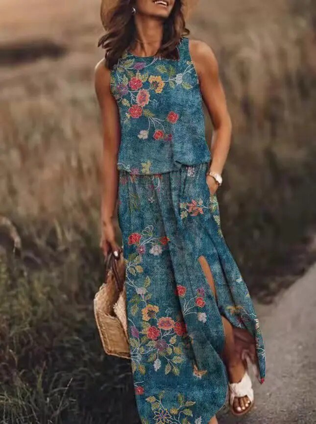 Women's Sleeveless Maxi Dress with Gathered Waist in Flowing Lightweight Fabric for Summer Garden Parties and Weekend Escapes | Koossa