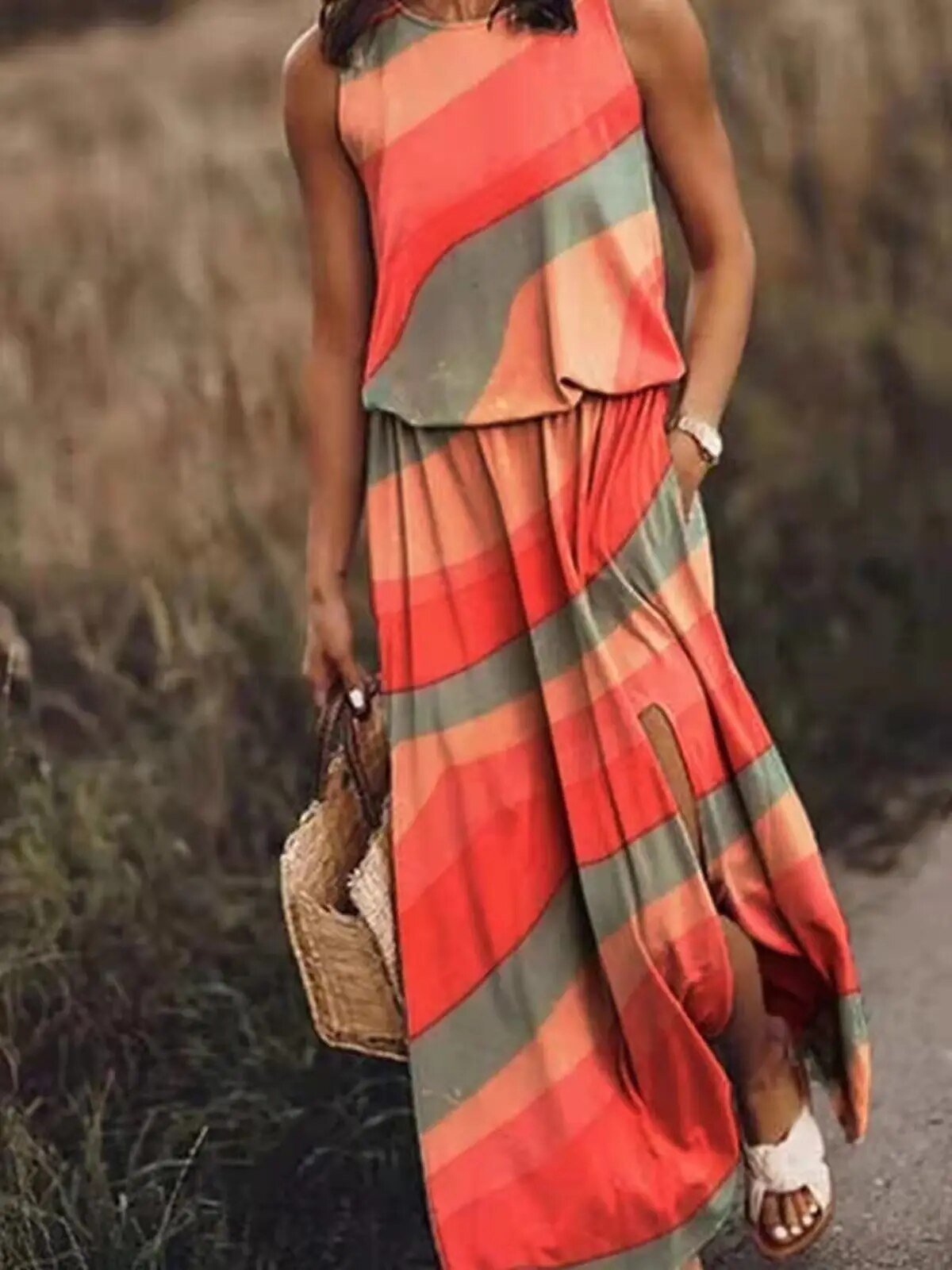 Women's Sleeveless Maxi Dress with Gathered Waist in Flowing Lightweight Fabric for Summer Garden Parties and Weekend Escapes | Koossa