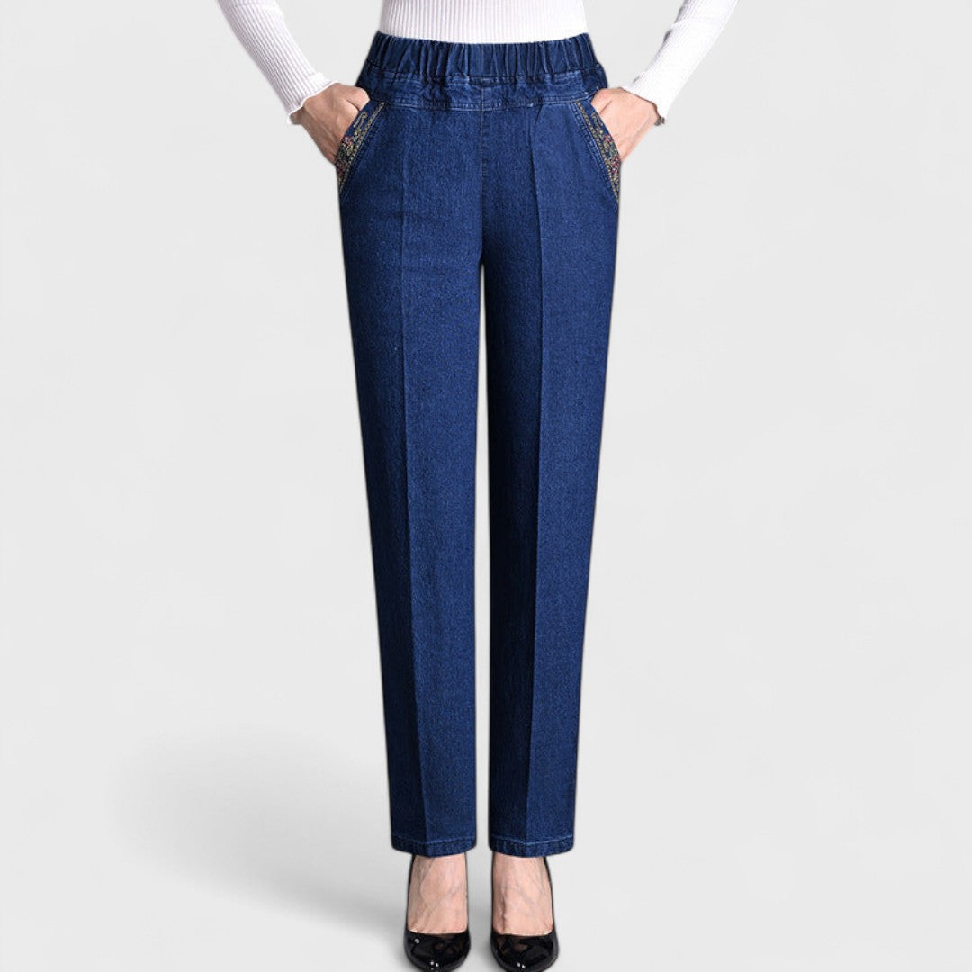 Women's Stretch Jeans with Elasticated Waist and Side Pockets in Light Blue, Black, and Dark Blue — Comfortable, Flattering Everyday Trousers for Autumn and Winter | Koossa