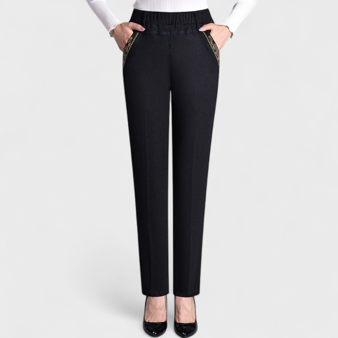 Women's Stretch Jeans with Elasticated Waist and Side Pockets in Light Blue, Black, and Dark Blue — Comfortable, Flattering Everyday Trousers for Autumn and Winter | Koossa