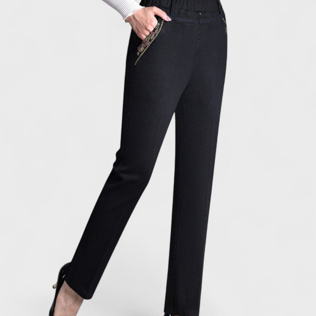 Women's Stretch Jeans with Elasticated Waist and Side Pockets in Light Blue, Black, and Dark Blue — Comfortable, Flattering Everyday Trousers for Autumn and Winter | Koossa