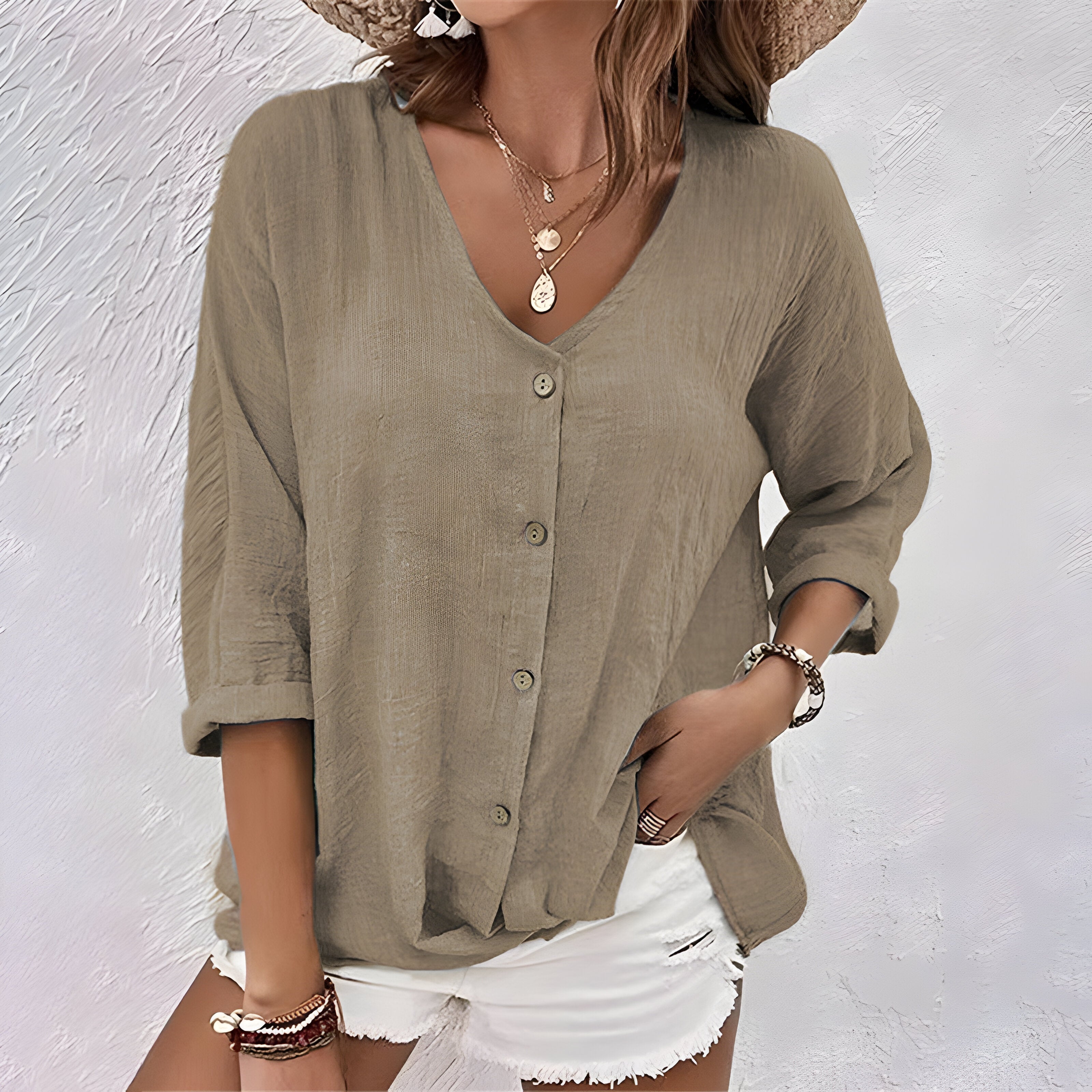 Women's Relaxed Button-Up Blouse with Roll Sleeves and V-Neckline | Koossa