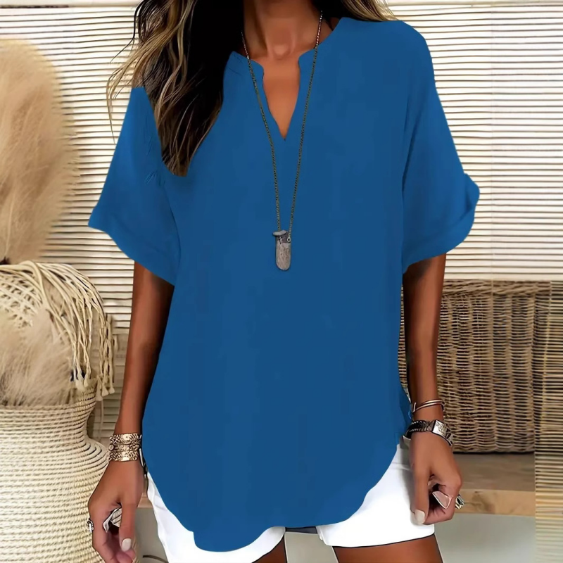 Women's V-Neck Blouse with Mid-Length Sleeves in Navy Blue, Green, Black, Light Blue and Grey – Elegant Relaxed Fit Top for Everyday Versatility and Semi-Formal Occasions | Koossa