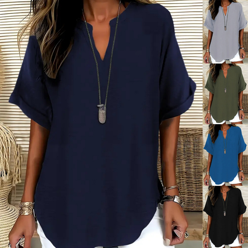 Women's V-Neck Blouse with Mid-Length Sleeves in Navy Blue, Green, Black, Light Blue and Grey – Elegant Relaxed Fit Top for Everyday Versatility and Semi-Formal Occasions | Koossa