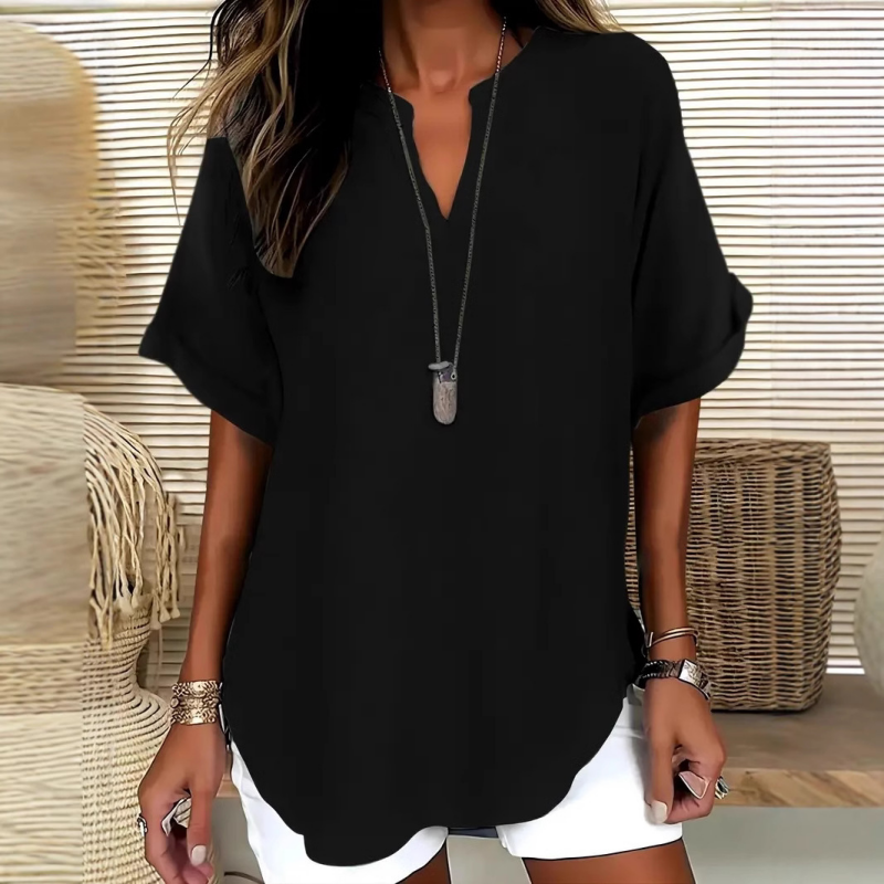 Women's V-Neck Blouse with Mid-Length Sleeves in Navy Blue, Green, Black, Light Blue and Grey – Elegant Relaxed Fit Top for Everyday Versatility and Semi-Formal Occasions | Koossa