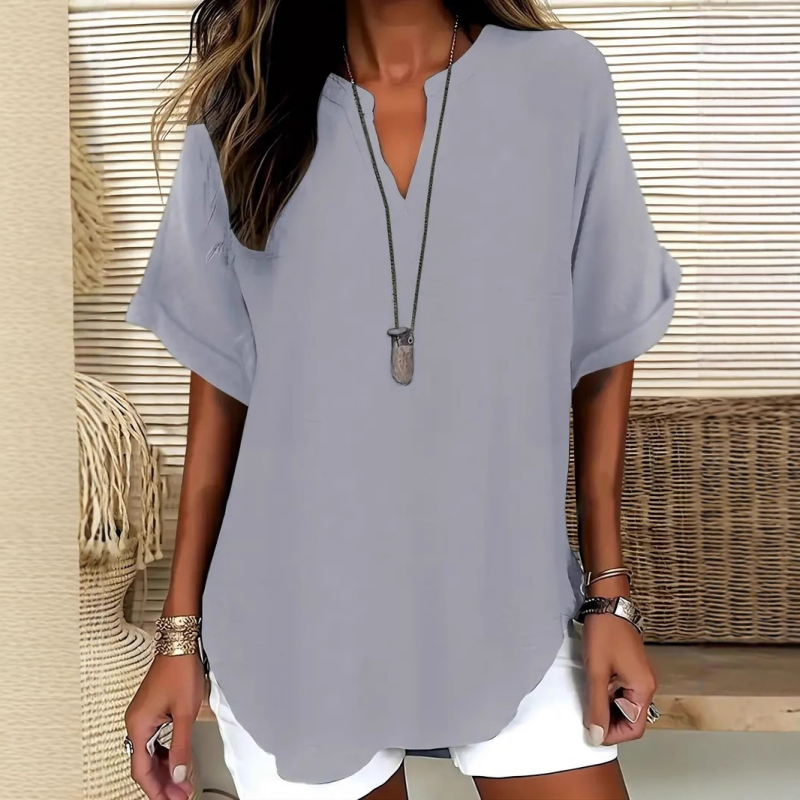 Women's V-Neck Blouse with Mid-Length Sleeves in Navy Blue, Green, Black, Light Blue and Grey – Elegant Relaxed Fit Top for Everyday Versatility and Semi-Formal Occasions | Koossa