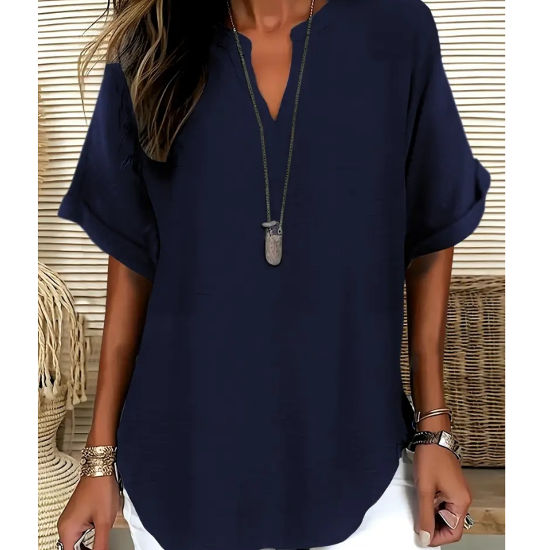 Women's V-Neck Blouse with Mid-Length Sleeves in Navy Blue, Green, Black, Light Blue and Grey – Elegant Relaxed Fit Top for Everyday Versatility and Semi-Formal Occasions | Koossa