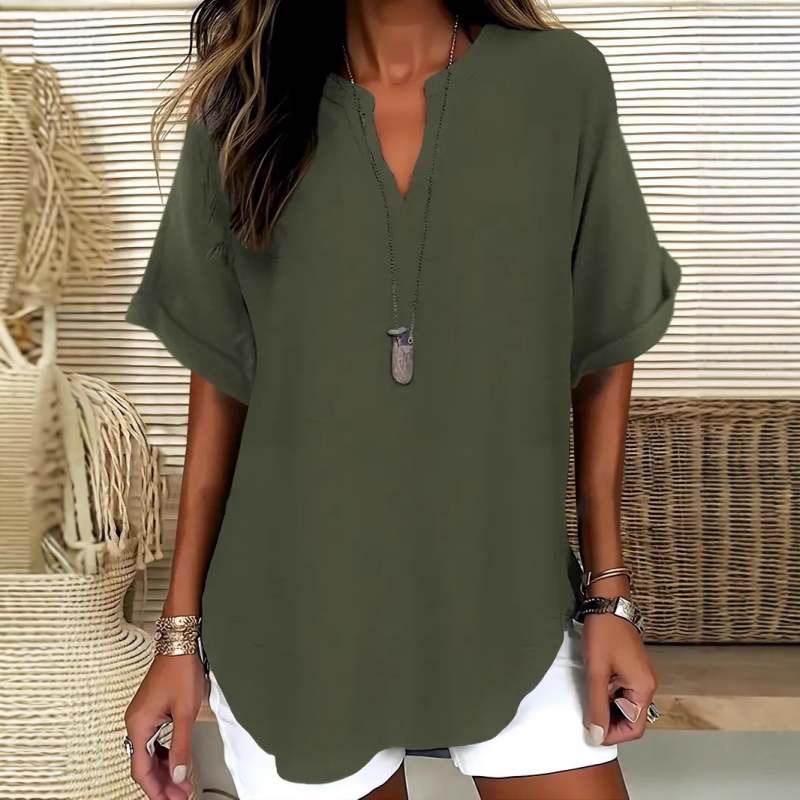 Women's V-Neck Blouse with Mid-Length Sleeves in Navy Blue, Green, Black, Light Blue and Grey – Elegant Relaxed Fit Top for Everyday Versatility and Semi-Formal Occasions | Koossa