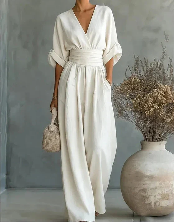 Women's Wrap-Front Wide-Leg Jumpsuit in Flowing Soft Fabric – Occasion Wear, Evening, Celebrations, Spring Summer Elegant One-Piece with Pockets | Koossa