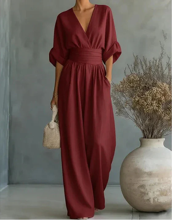 Women's Wrap-Front Wide-Leg Jumpsuit in Flowing Soft Fabric – Occasion Wear, Evening, Celebrations, Spring Summer Elegant One-Piece with Pockets | Koossa