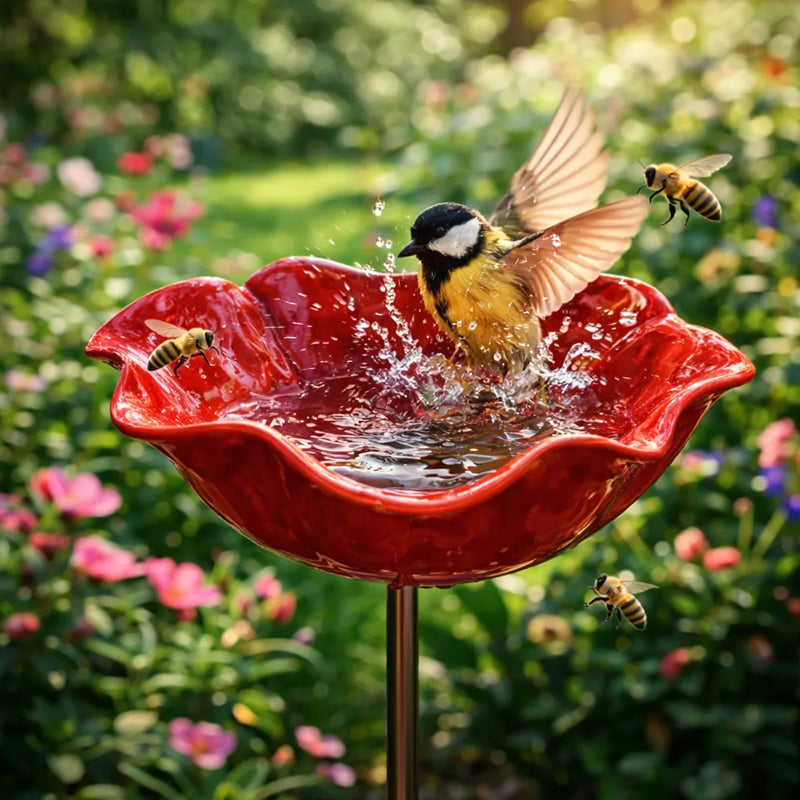Pique décoratif en métal avec abreuvoir pour oiseaux 60 cm fleur colorée biodiversité jardin extérieur | Koossa