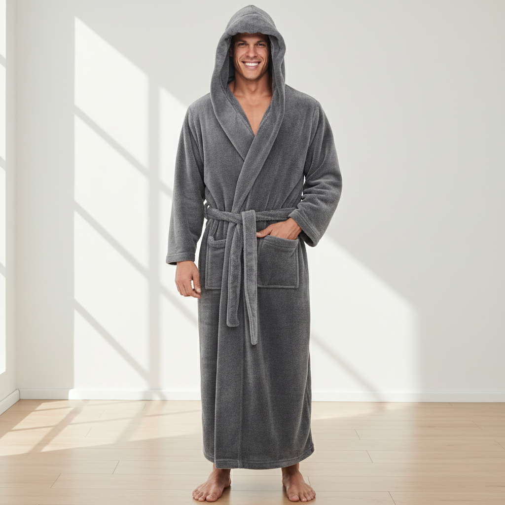 Men's Hooded Bathrobe Plush Fleece Loungewear | Soft House Robe for Shower & Relaxation | Long Sleeve Wrap | Lonoma