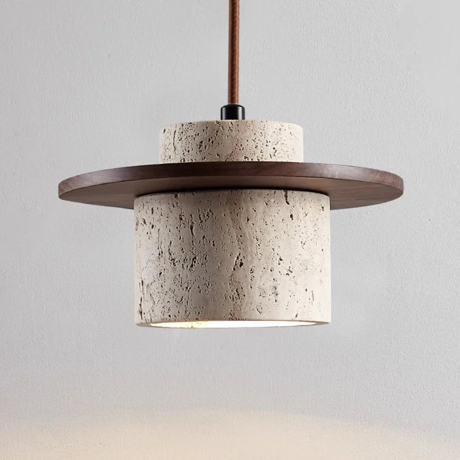 Suspension LED en travertine naturelle et bois design japonais minimaliste éclairage chaleureux salon chambre | Koossa