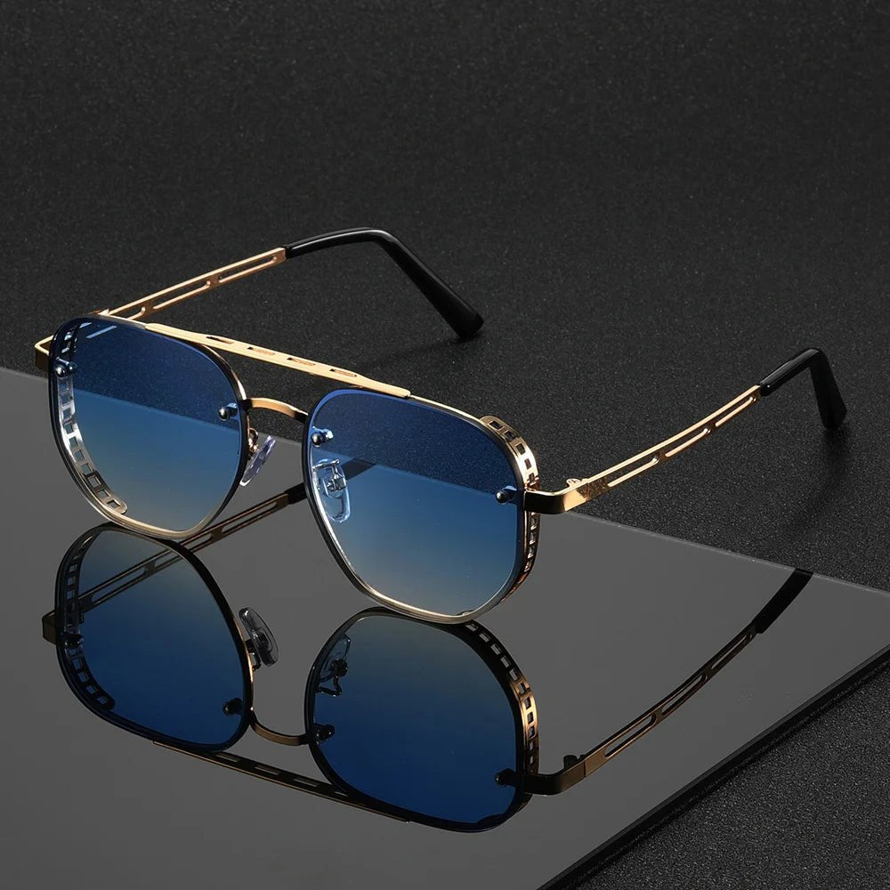 Gold-Tone Aviator Sunglasses with Double-Beam Design and UV400 Protection in Black, Blue, Brown, Green | Koossa