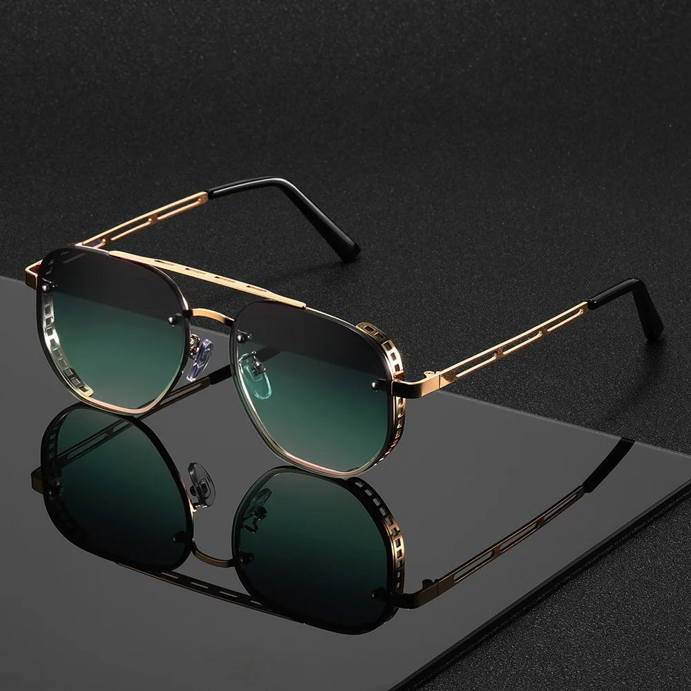 Gold-Tone Aviator Sunglasses with Double-Beam Design and UV400 Protection in Black, Blue, Brown, Green | Koossa