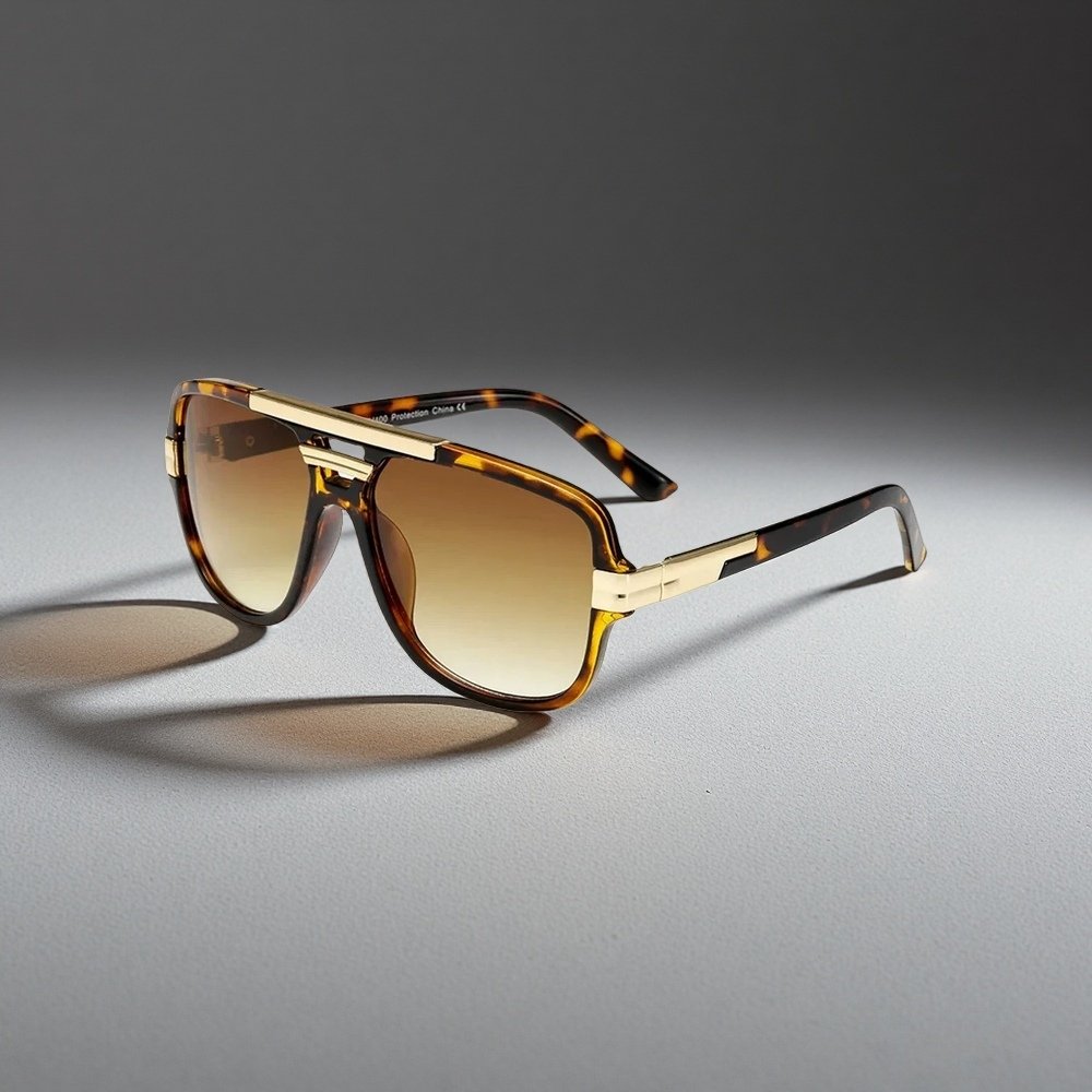 Square-Frame Aviator Sunglasses in Tortoiseshell Acetate with Gold Details and UV400 Protection | Koossa