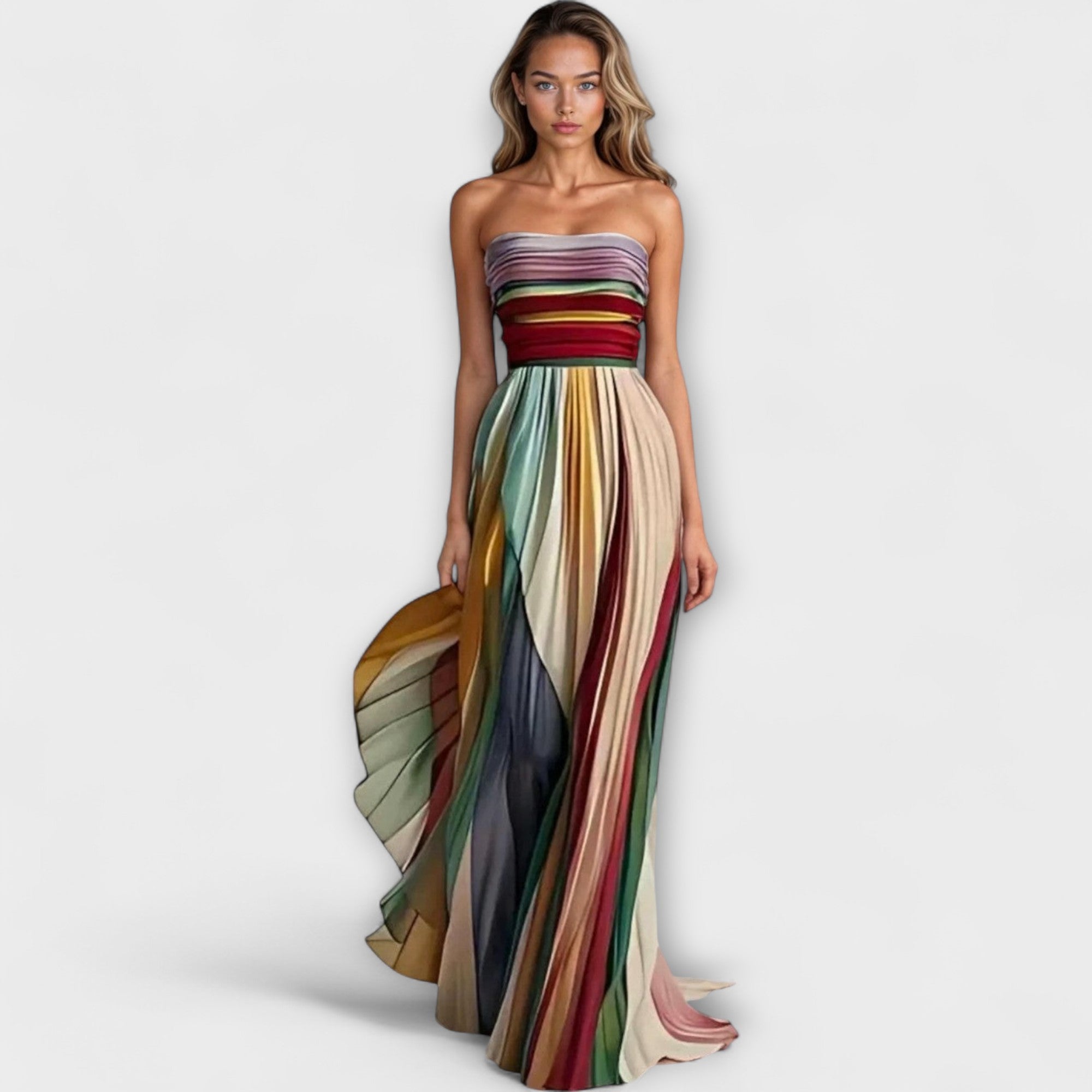 Women's Strapless Rainbow Pleated Dress | Flowing Summer Maxi with Fitted Bodice | Koossa