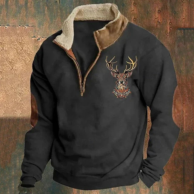Men's Quarter-Zip Pullover with Elegant Stag Motif — Warm Autumn Jumper for Casual & Smart-Casual Wear | Koossa