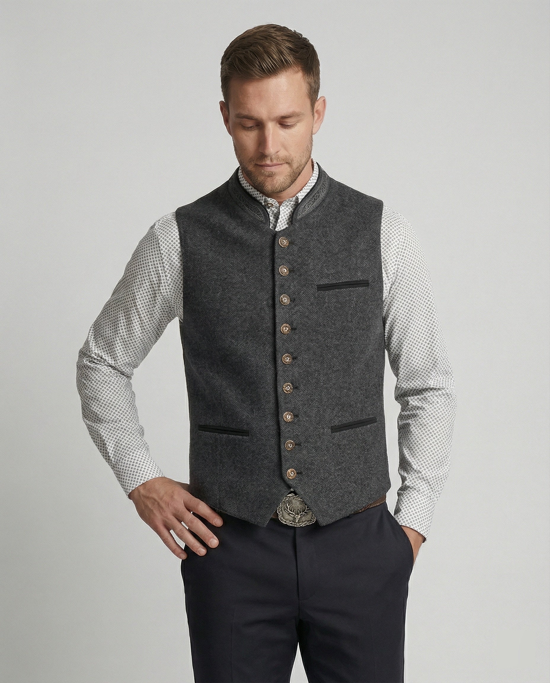 Men's Grey Traditional Waistcoat with Stand Collar — Tailored Formal Waistcoat for Heritage Events & Celebrations | Koossa