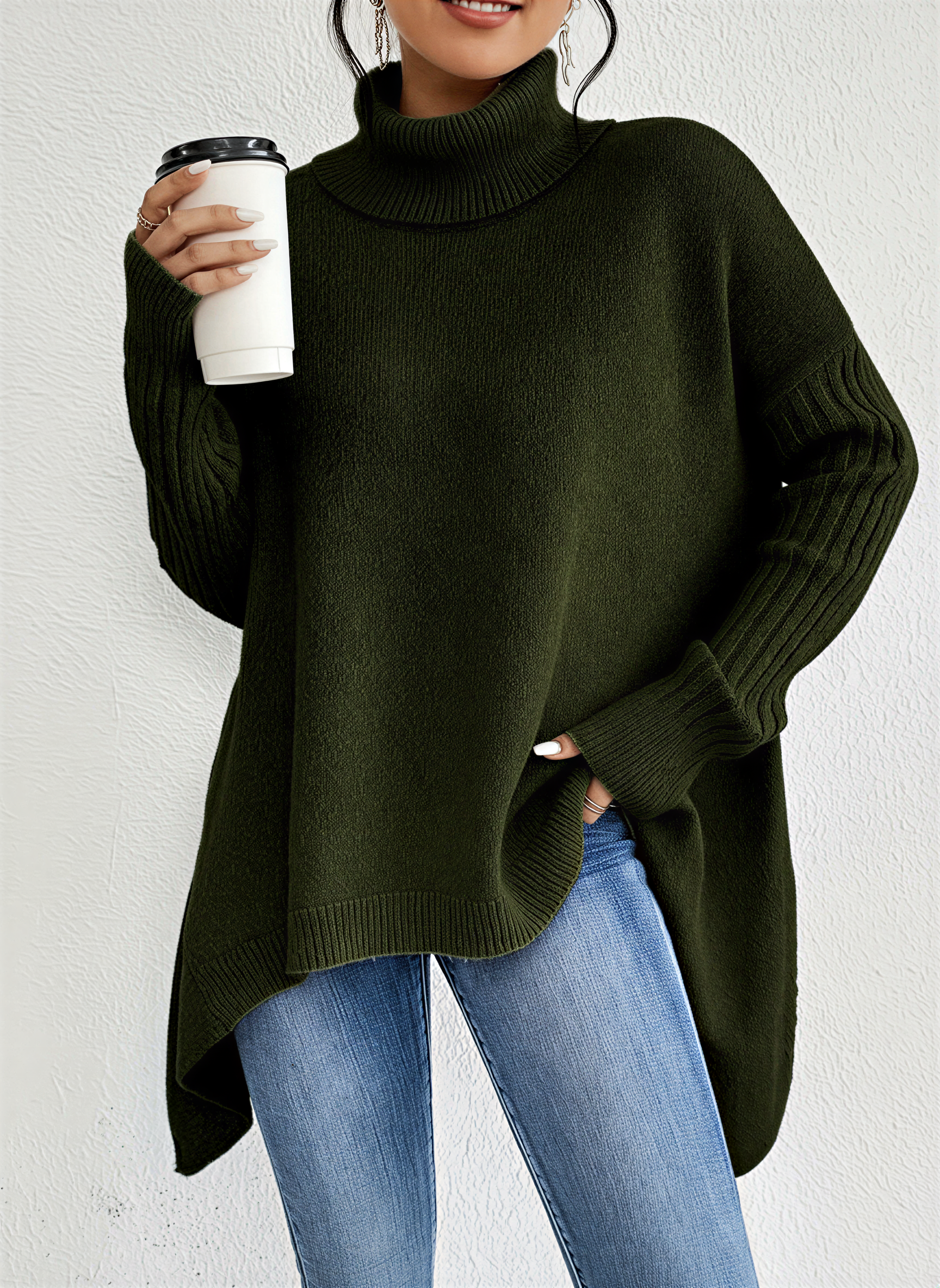 Women's Turtleneck Jumper with Pockets in Relaxed Oversized Fit for Casual Spring and Autumn Days | Koossa