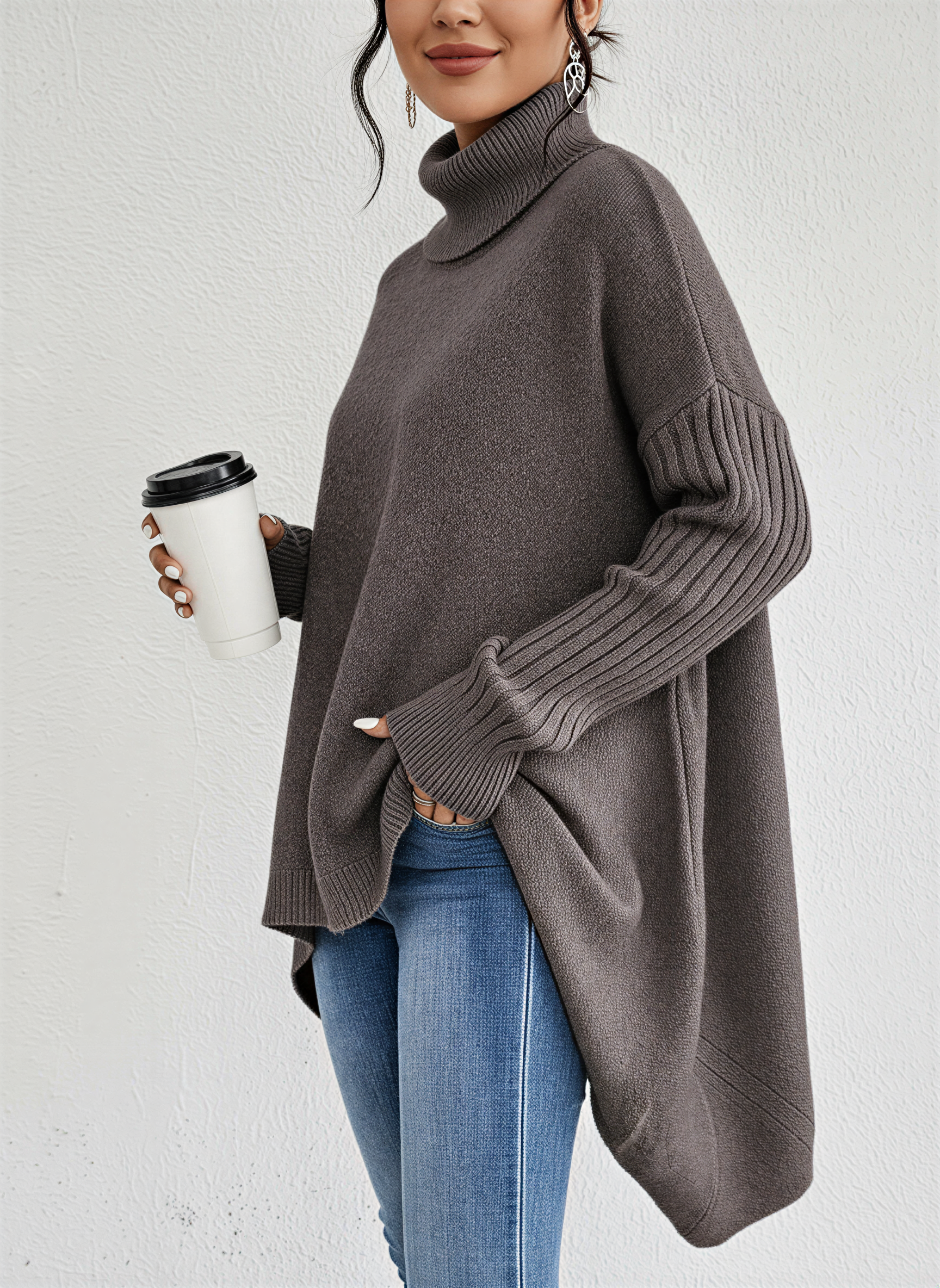 Women's Turtleneck Jumper with Pockets in Relaxed Oversized Fit for Casual Spring and Autumn Days | Koossa