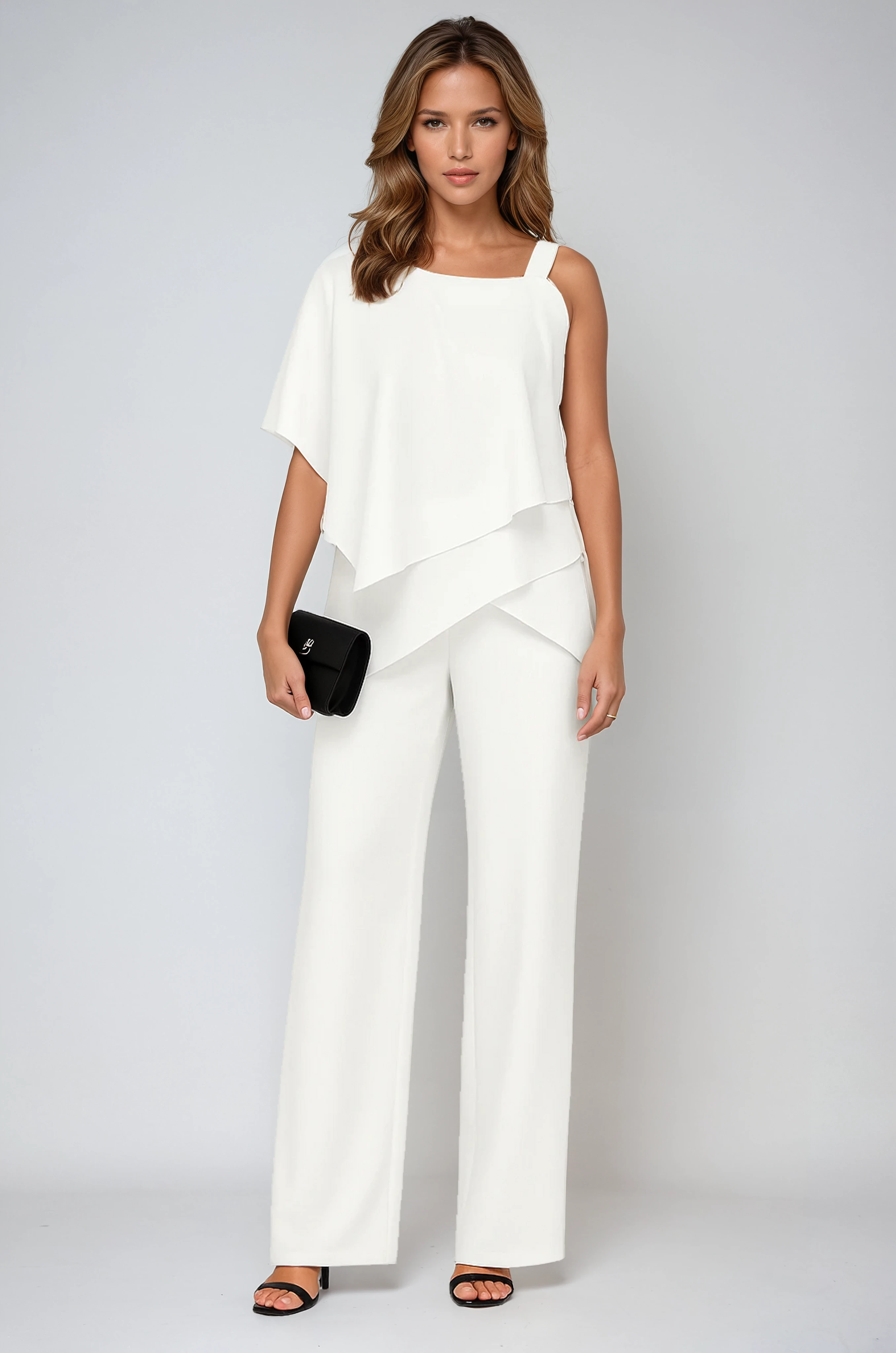 Layered Chiffon Top and Wide-Leg Trousers Co-ord Set in Black for Elegant Occasions | summer evening outfit | flowing trousers | asymmetric overlay | square neckline jumpsuit | Koossa